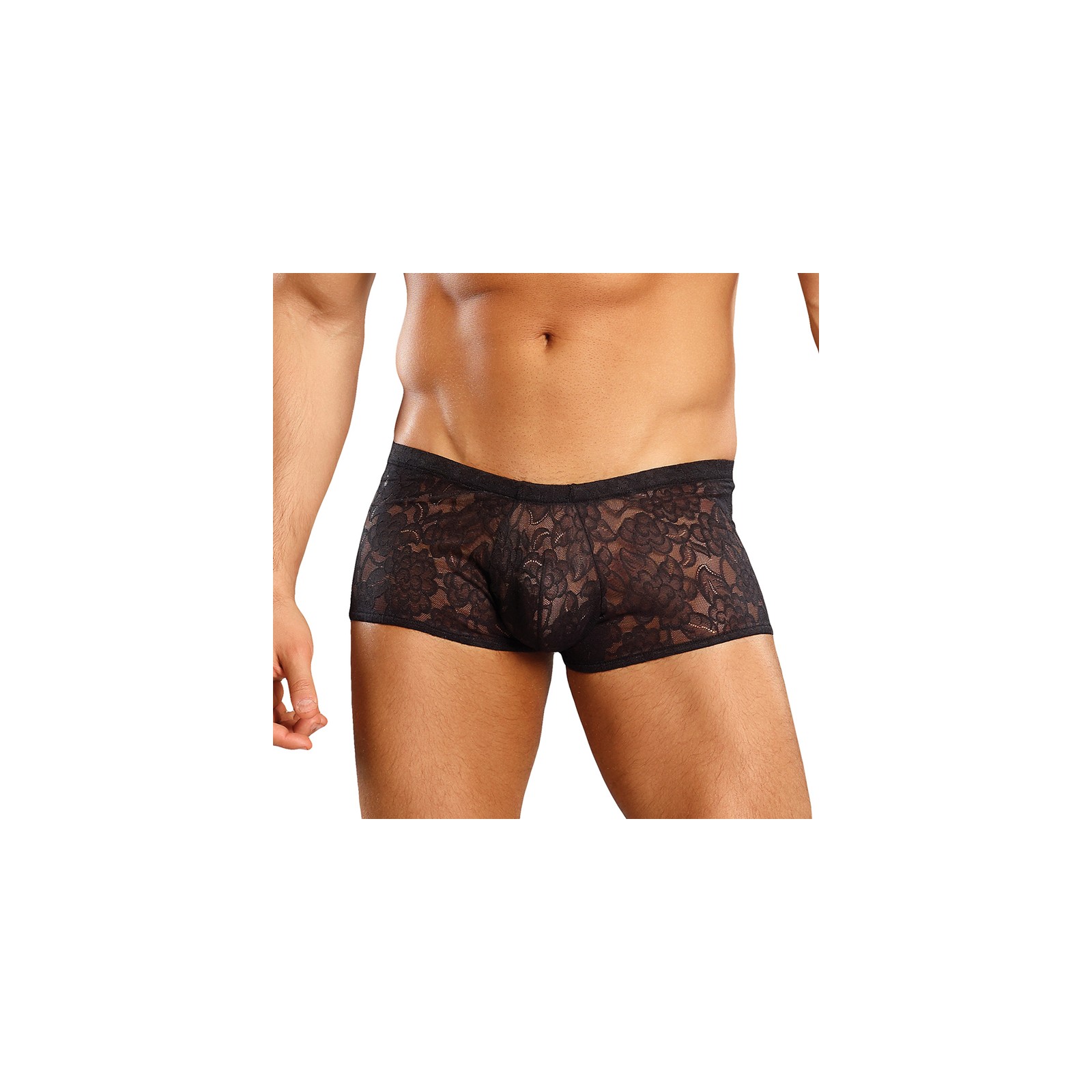 Male Power Stretch Lace Mini Short Black