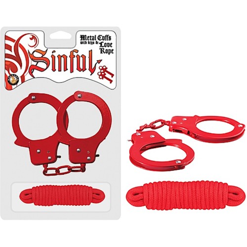 Sinful Metal Cuffs with Keys & Love Rope Red