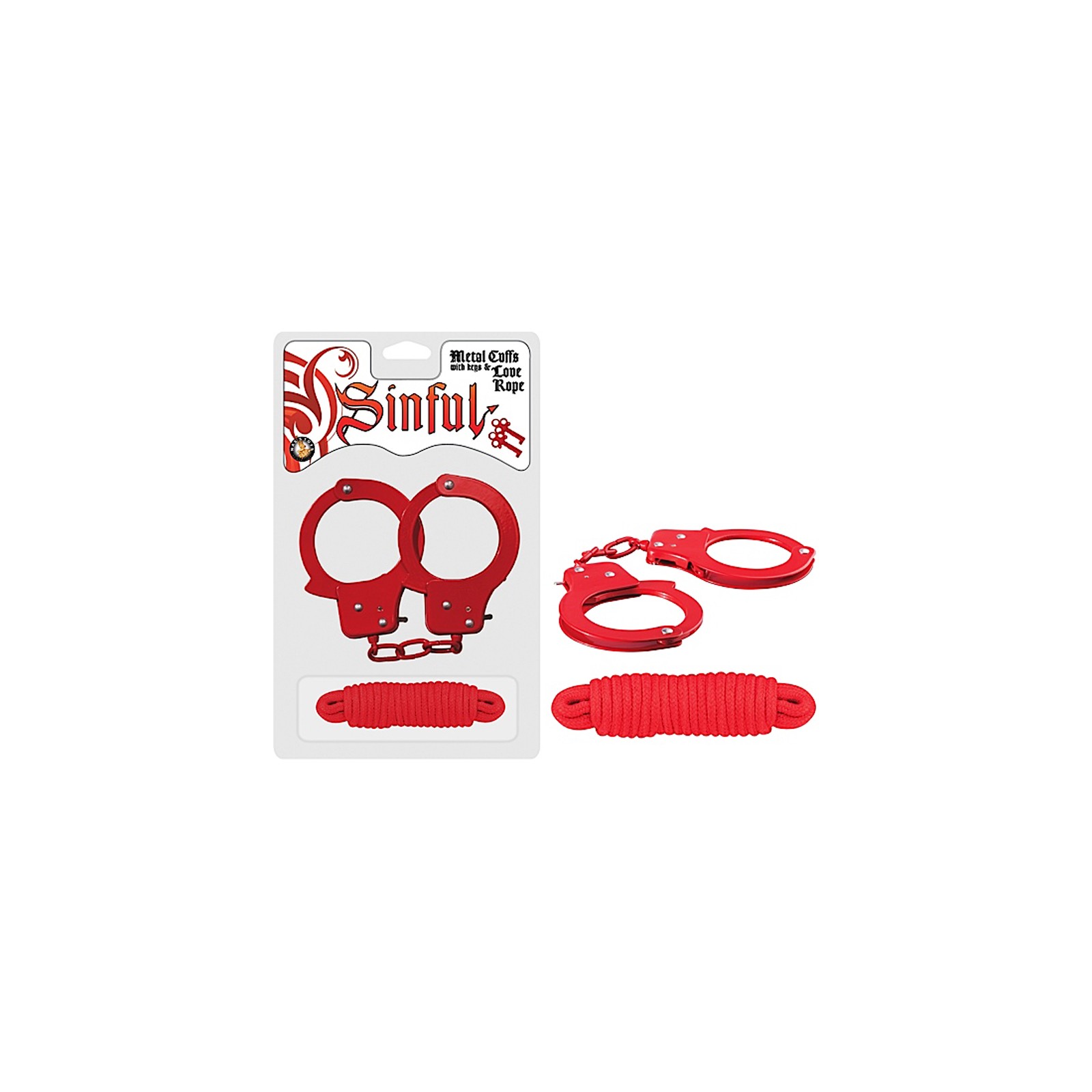 Sinful Metal Cuffs with Keys & Love Rope Red