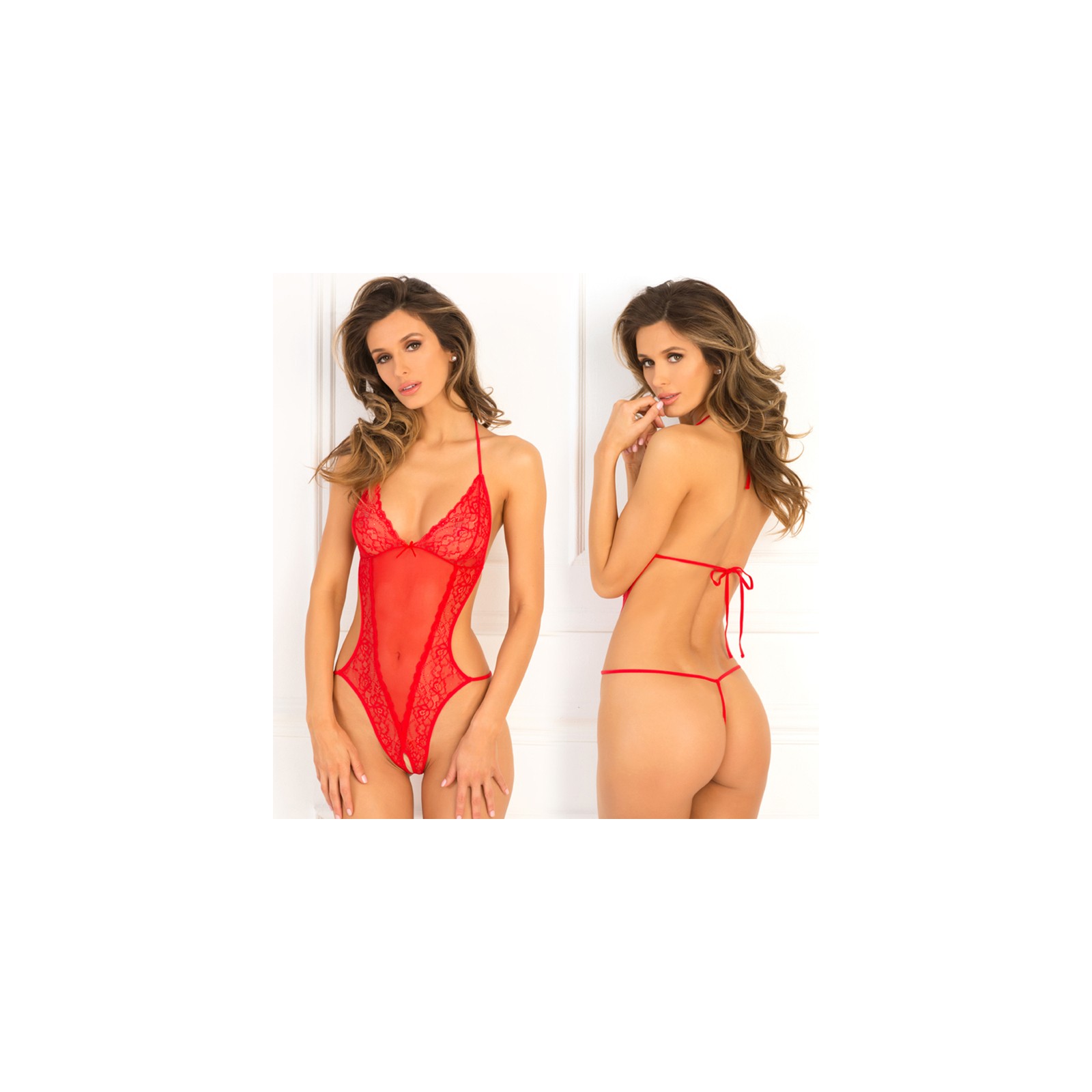 Rene Rofe Crotchless Lace Mesh Teddy Red S/M