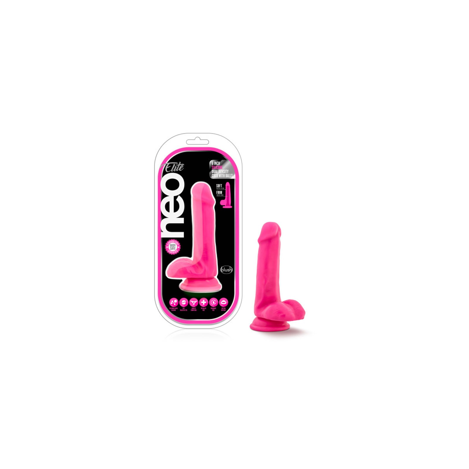 Neo Elite 6 in. Silicone Dual Density Dildo with Balls Neon Pink