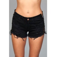 Denim Shorts Lace-Up Side Detail Black Large