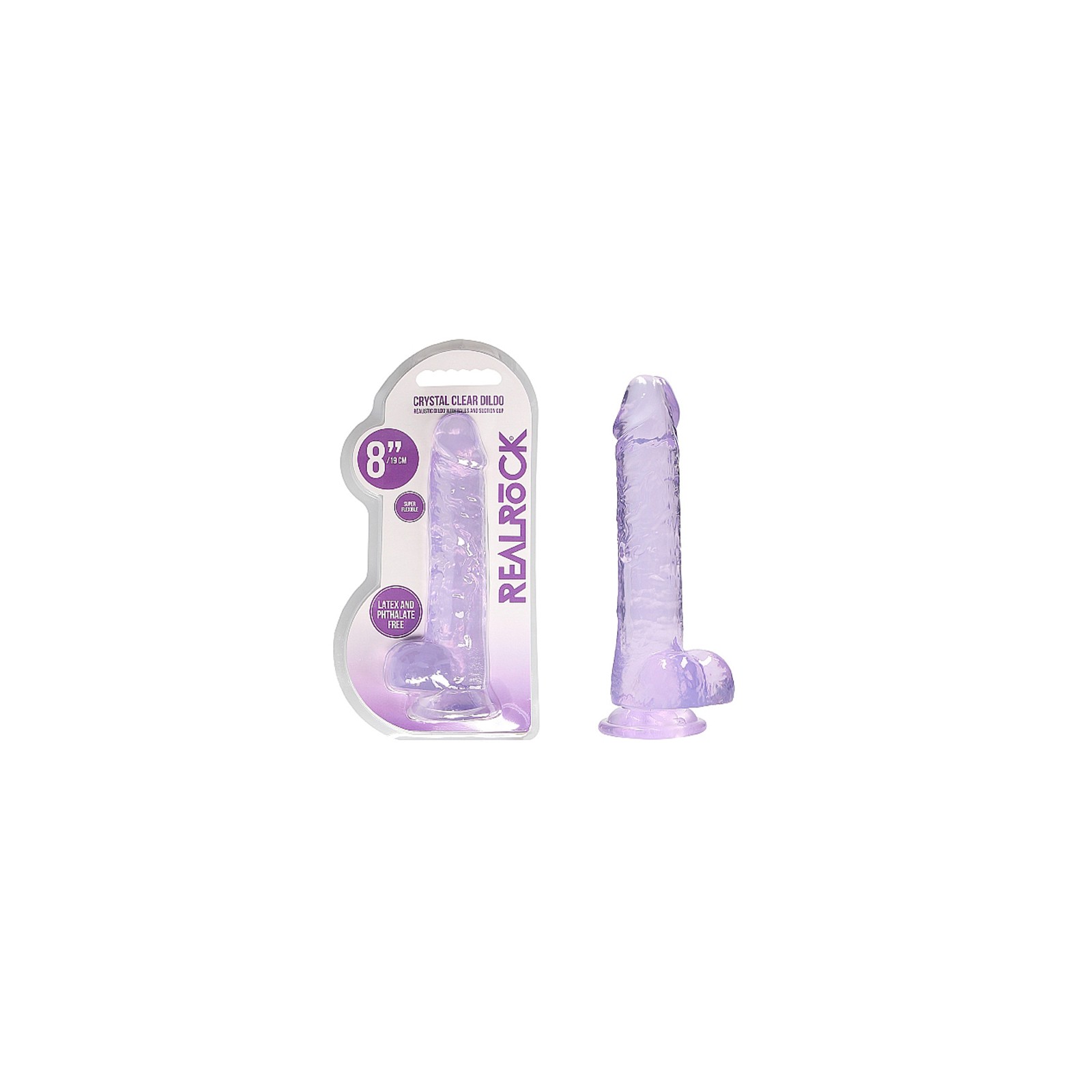 Dildo Realista de Cristal Claro RealRock de 8 in. con Testículos y Ventosa en Morado