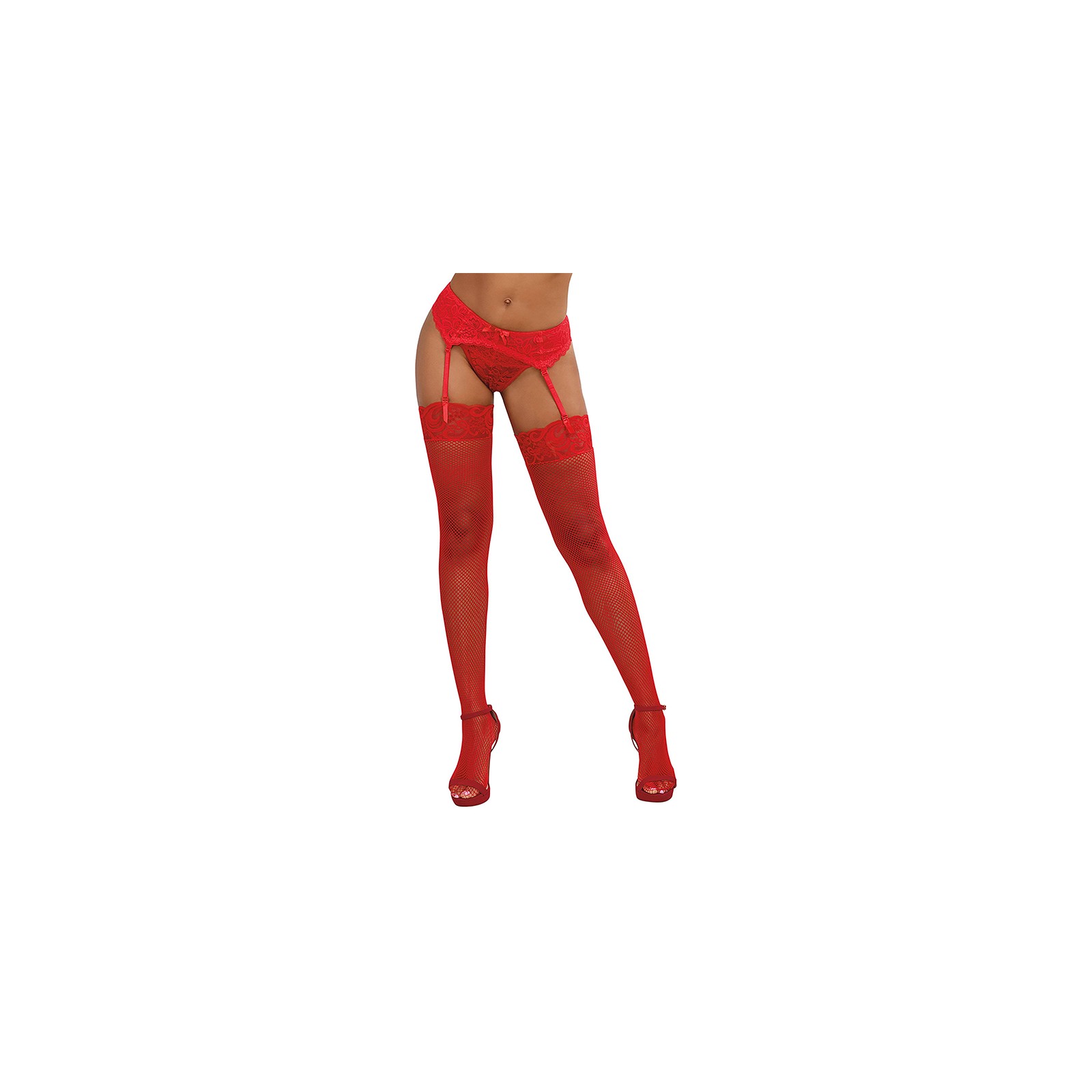 Fishnet Thigh-High Stockings with Lace Top Red