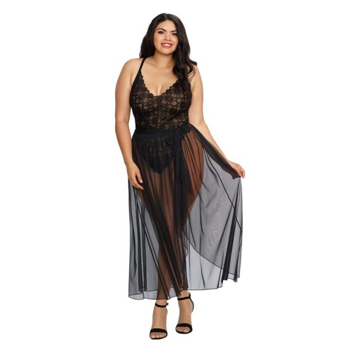 Dreamgirl Teddy & Sheer Mesh Maxi Skirt Set Black Queen 2X