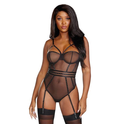 Dreamgirl Sheer Stretch Mesh Teddy with Snap Crotch Garters Black Small