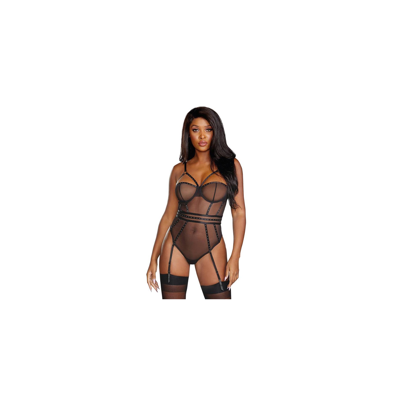 Dreamgirl Sheer Stretch Mesh Teddy with Snap Crotch Garters Black Small