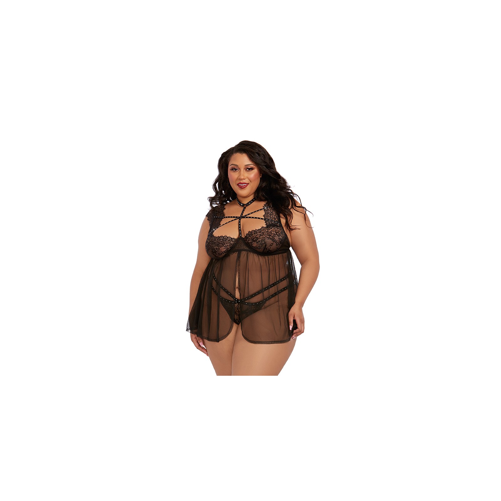 Babydoll de Encaje Dreamgirl Plus Size con Tanga Negro 1X