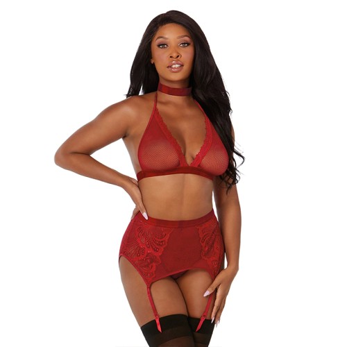 Dreamgirl Fishnet and Lace Four-Piece Set Garnet OS