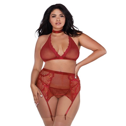 Dreamgirl Conjunto de Encaje y Red 4 Piezas Granate Queen