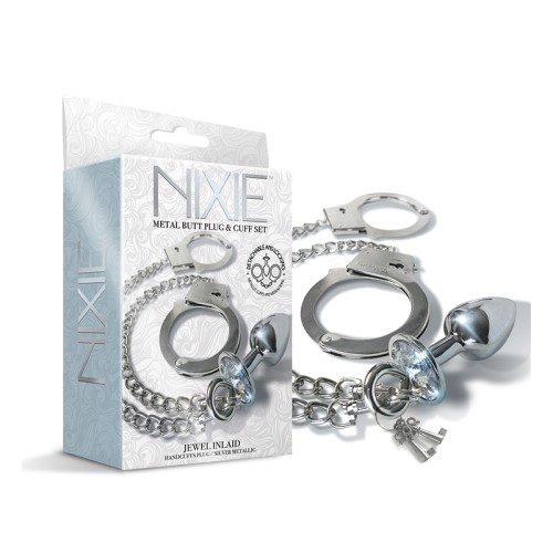 Nixie Metal Butt Plug Handcuffs Set Silver