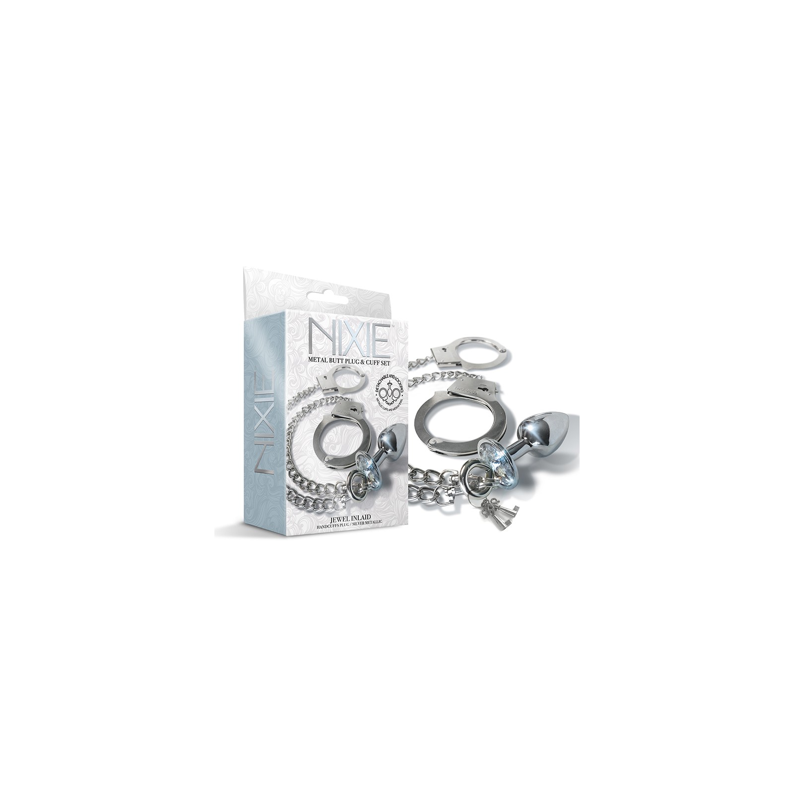 Nixie Metal Butt Plug Handcuffs Set Silver