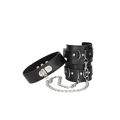 Ouch! Adjustable Leather Collar with Cuffs - BDSM Set