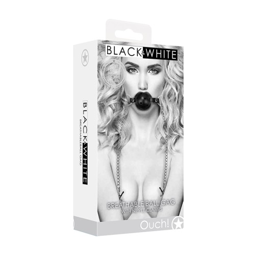 Ouch! Black & White Breathable Ball Gag With Nipple Clamps