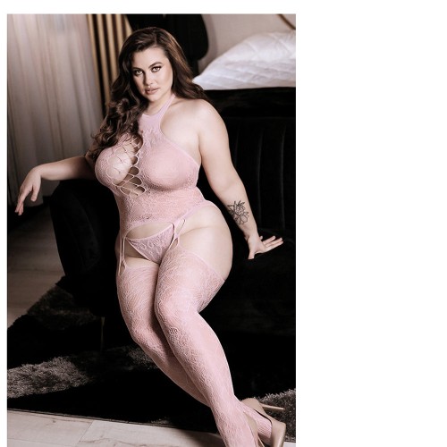 Sheer Light Pink Lace Bodystocking and G-String Set