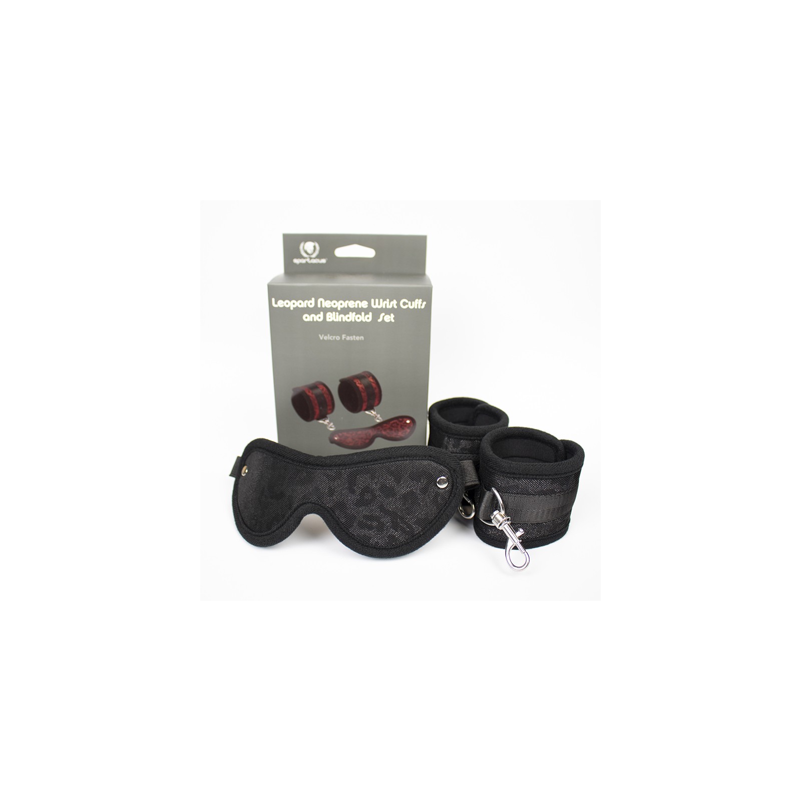 Spartacus Neoprene Blindfold and Wrist Cuff Kit Black Leopard