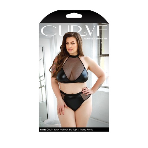 Curve Rebel Black Wetlook Bra Top and Thong Set