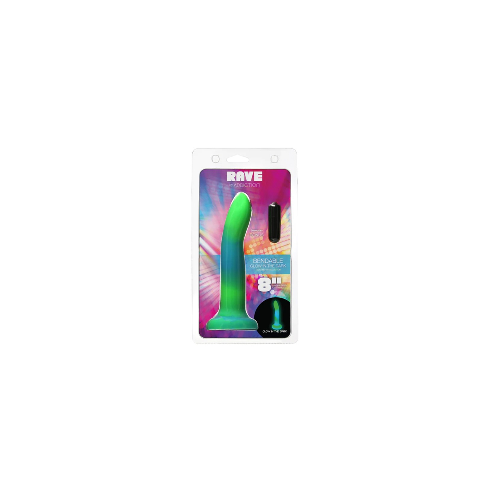 Addiction Rave Bendable 8 in. Silicone Dildo Glow in the Dark Blue Green