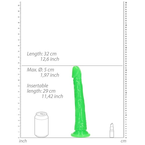 Dildo Slim que Brilla en la Oscuridad de RealRock de 11 in. Verde Neón