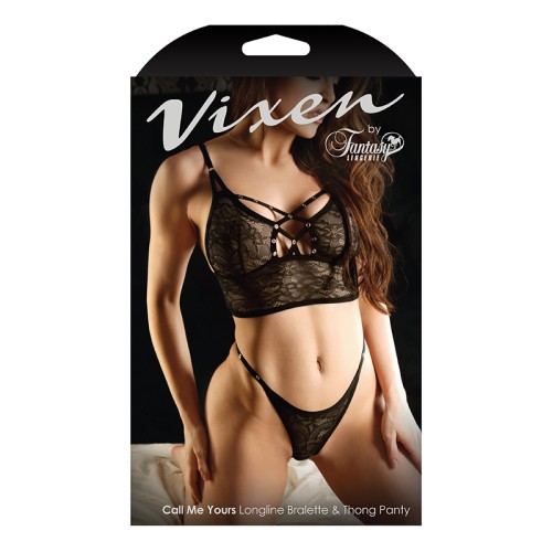 Vixen Bralette Largo Llamame Tuya & Tanga Panty Negro L/XL