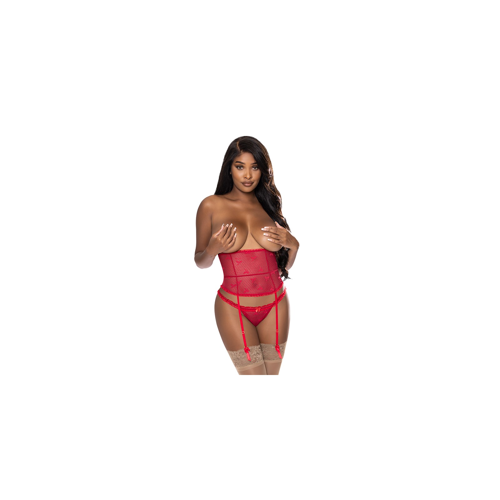 Magic Silk With Love Gartered Waist Cincher & Tanga Panty Red S/M