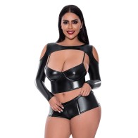 Magic Silk Liquid Onyx Camisole Longsleeve Shrug Short Set Black Queen