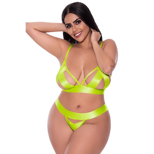 Conjunto de Sujetador y Tanga Crotchless Silky Strap - Amarillo Queen