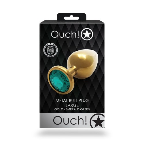 Ouch! Large Gold/Emerald Green Round Gem Butt Plug