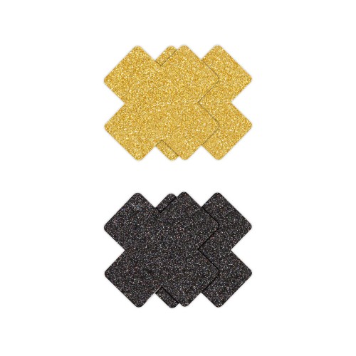 Pasta de Pecho Brillante Cruces Negro Oro 2 Pares - Divertidas Cubiertas para Pezones