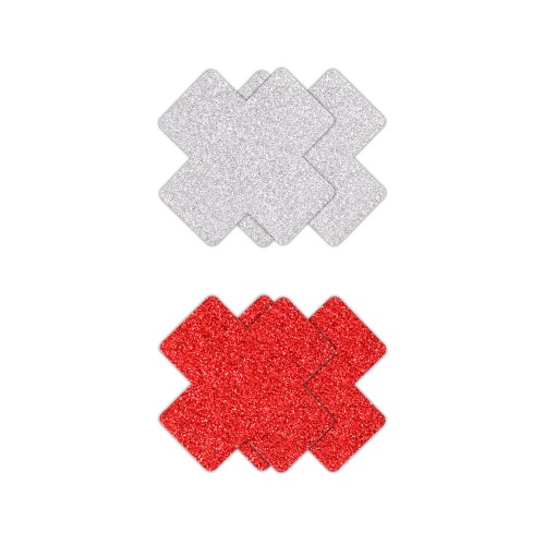 Pretty Pasties Glitter Cross Red/Silver - Playful Body Decor