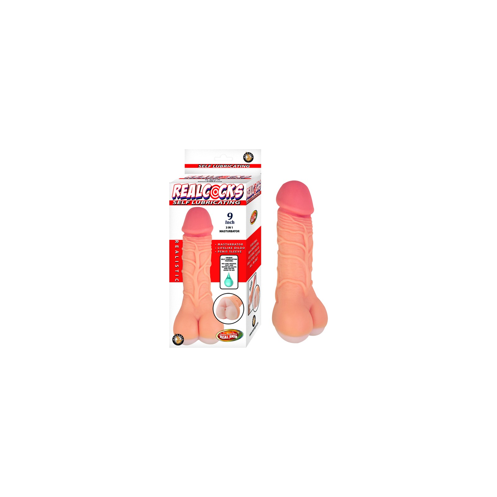 Masturbador Realcocks Autolubricante de 9 in. 3-en-1 Beige