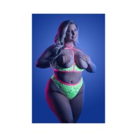 Fantasy Lingerie Glow Open Cup Cage Bra & Panty Neon Green Queen