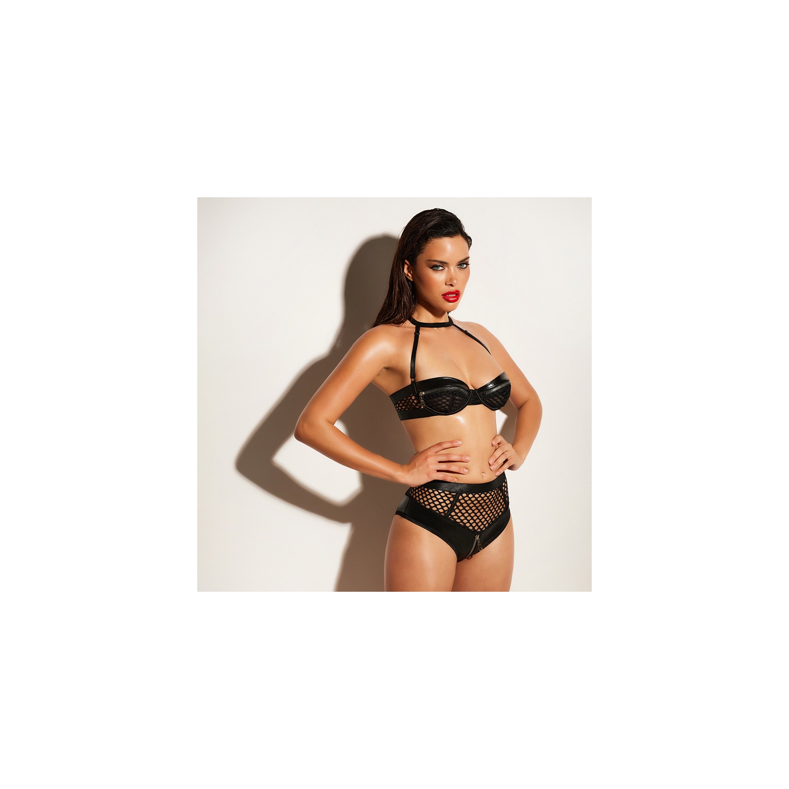 Faux Leather and Fishnet Bra Set for Bold Nights