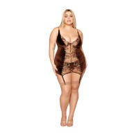 Stretch Velvet Garter Slip Set in Espresso