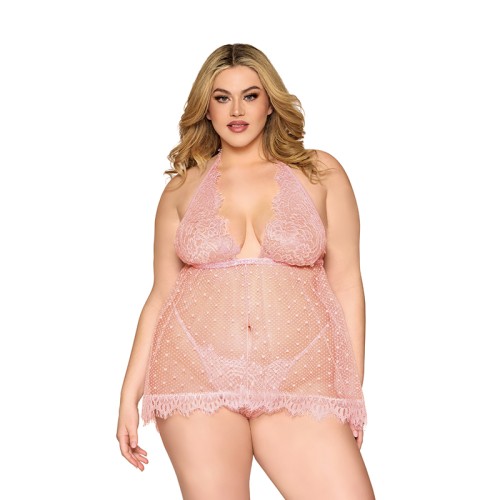 Dreamgirl Lace and Polka Dot Mesh Babydoll G-String Rose Quartz 1XL