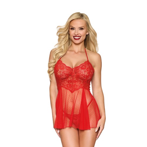 Babydoll de Encaje y G-String Rojo O/S