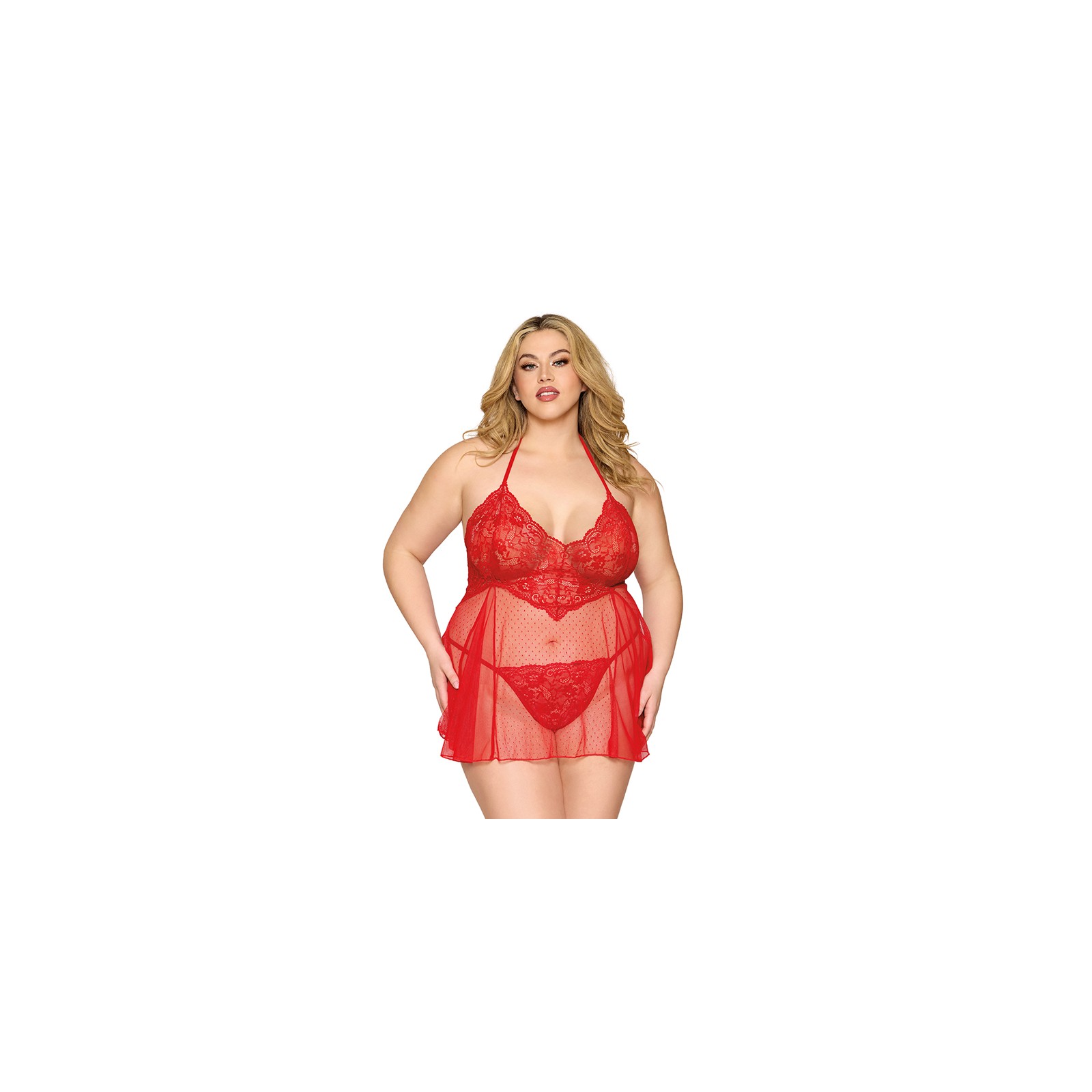 Babydoll de Encaje y Tanga Rojo Talla Reina - Ropa de Dormir Elegante