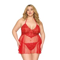 Babydoll de Encaje y Tanga Rojo Talla Reina - Ropa de Dormir Elegante