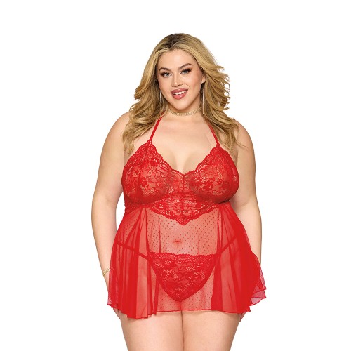 Babydoll de Encaje y Tanga Rojo Talla Reina - Ropa de Dormir Elegante