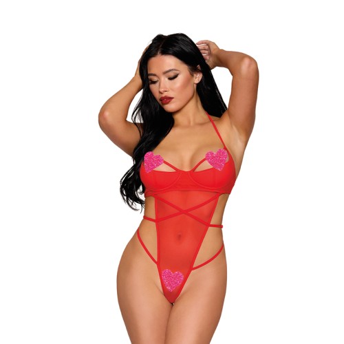 Dreamgirl Strappy Mesh Teddy with Heart Details - Seductive lingerie