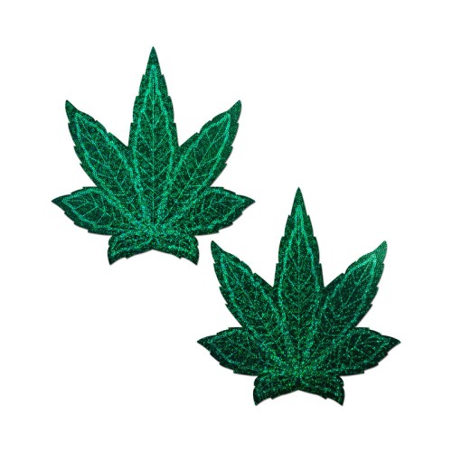 Pasties Glitter Verde Hoja de Marihuana con Cinta Soporte