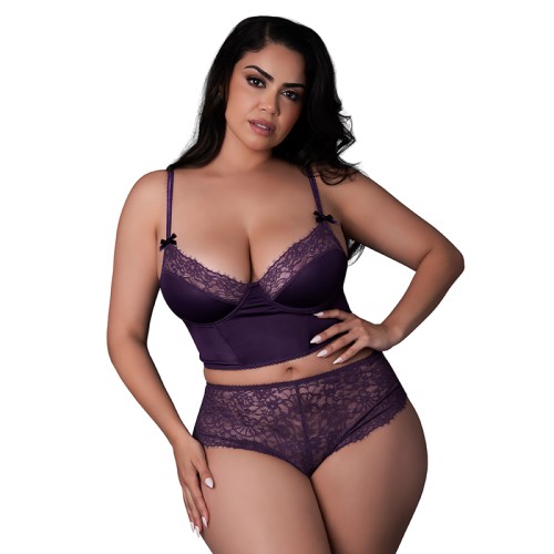 Magic Silk Leather & Lace Bustier & Cheeky Short - Plum