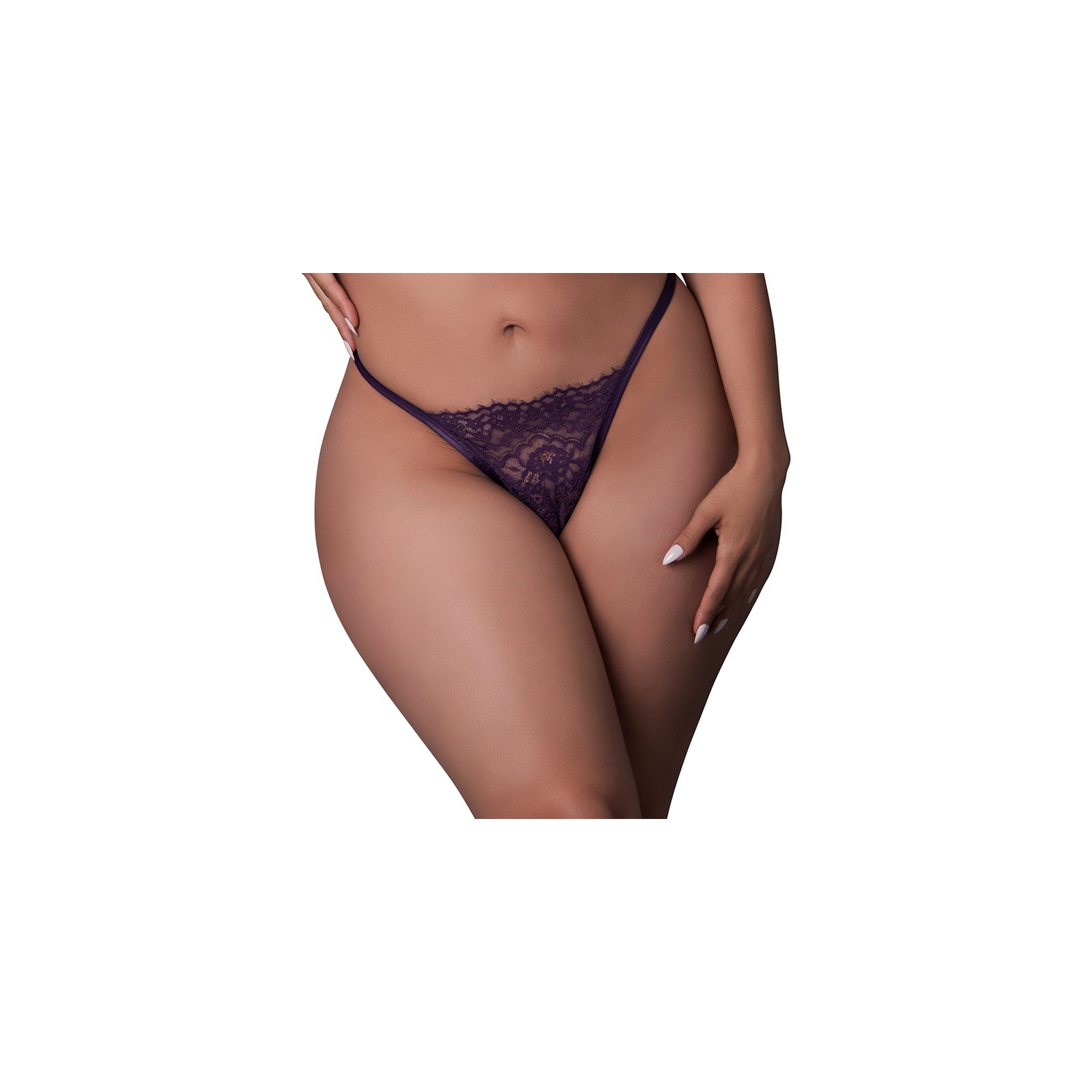 Tanga de Cuero y Encaje Magic Silk Ciruela Talla Reina