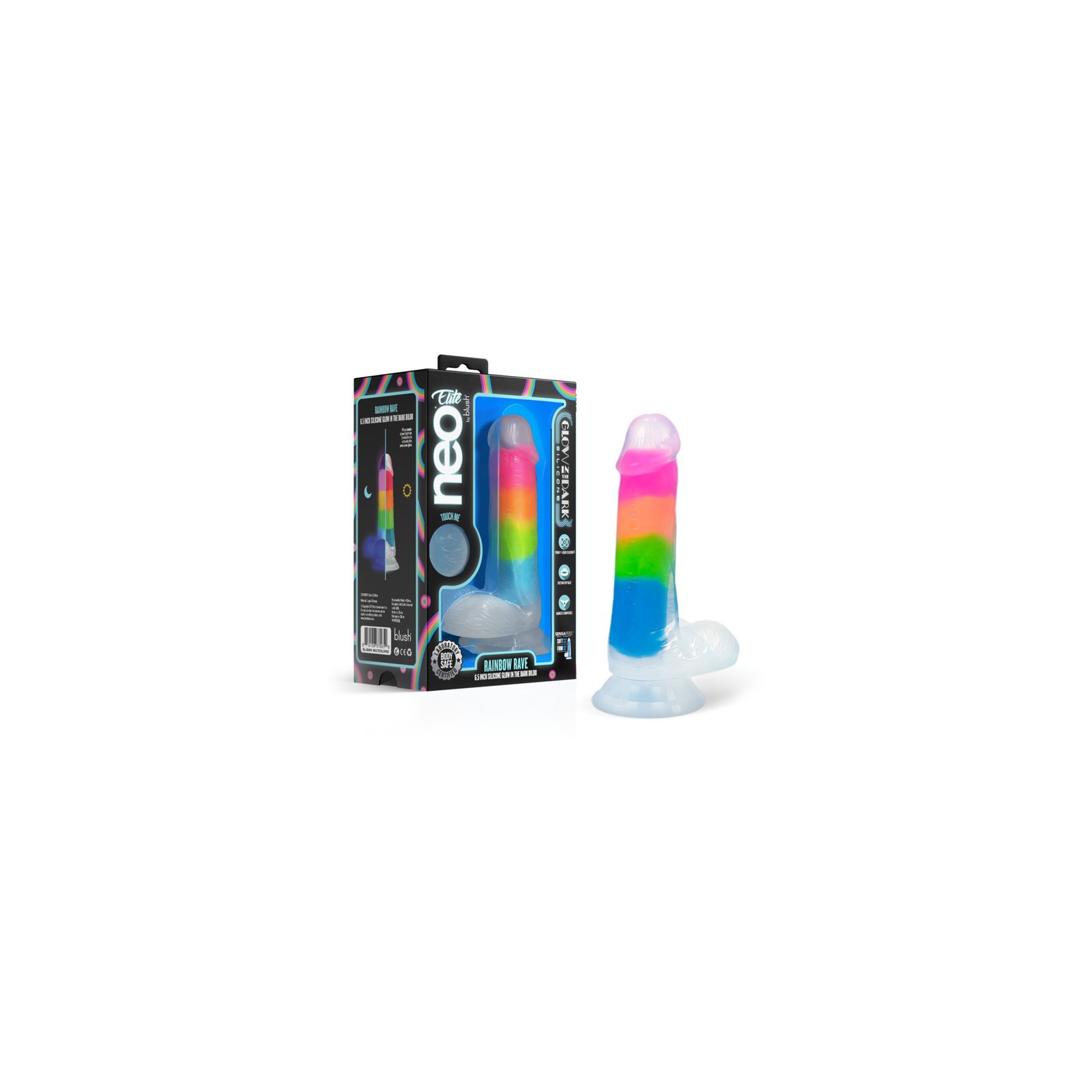 Dildo Neo Elite que Brilla en la Oscuridad Rainbow Rave