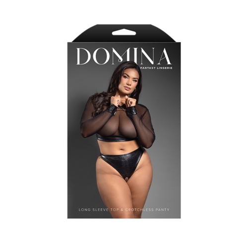 Fantasy Lingerie Domina Long Sleeve Top & Crotchless Thong Queen Size