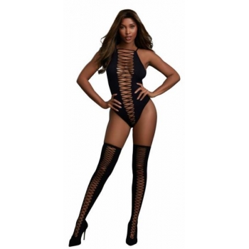 Cross Open Front Teddy and Stockings - Elegant Black