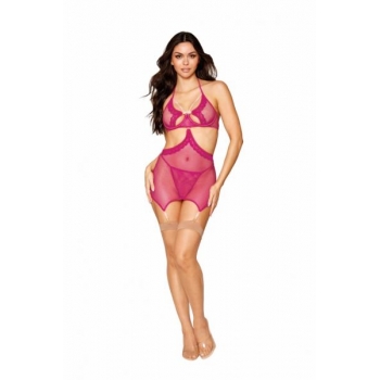 Fishnet & Lace Garter Slip Set - Beet, OS