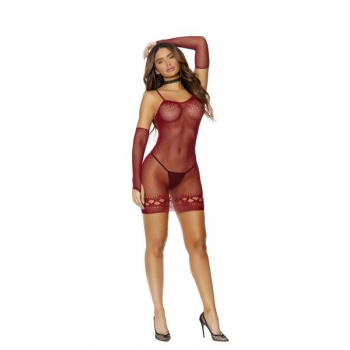 Crochet Mini Dress With Matching Gloves - Burgundy O/S