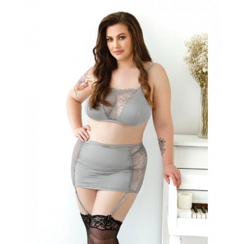 Layne Bralette Gartered Skirt & G-string Gray 1x/2x