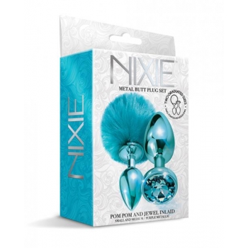 Nixie Metal Butt Plug Set Pom Pom & Jewel Blue Metallic